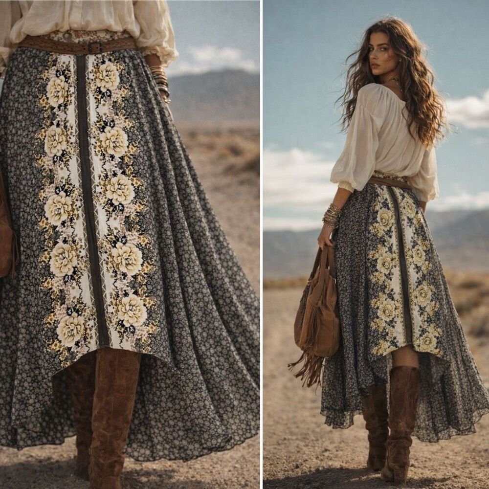 Free People Floral Panel Maxi Skirt in Black and Yellow - Picture 2 of 12
